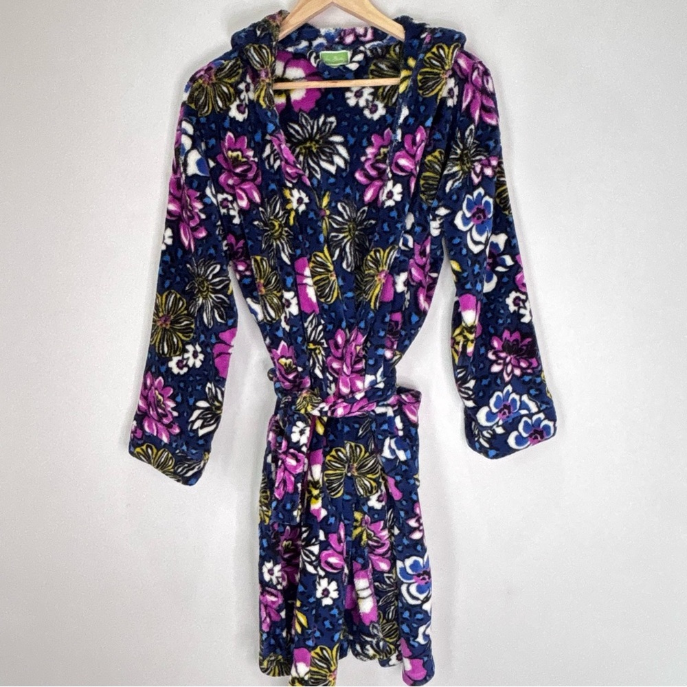 Vera Bradley African Violet Women’s S/M Plush Hooded Floral Robe Pockets Tie F90